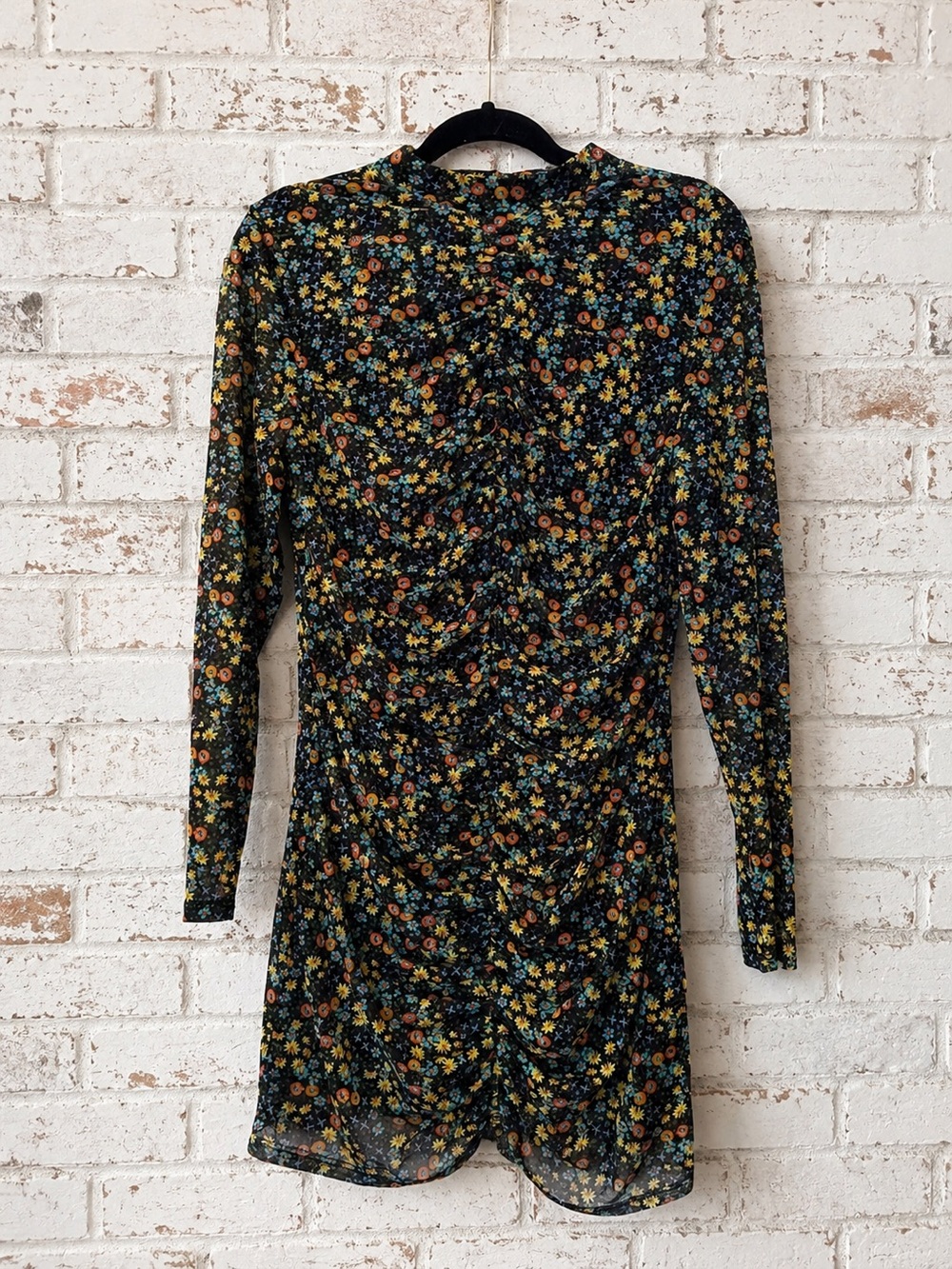 NWT Floral Mesh Ruched Bodycon Mini Dress Mock Neck Long Sleeve Size 12